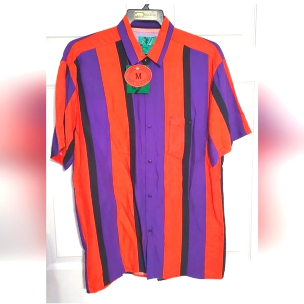 :*  Trutus Biancarra ButtonUp Shirt Mens sz M orange purple Black Short Sleeve